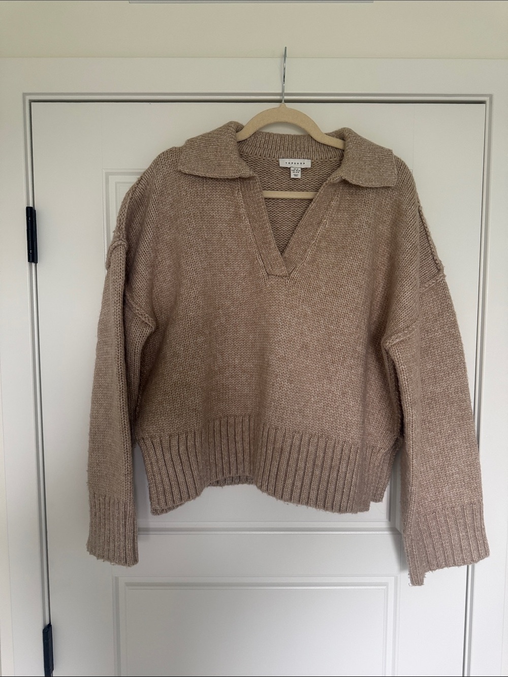 Topshop Beige Collared V-Neck Sweater